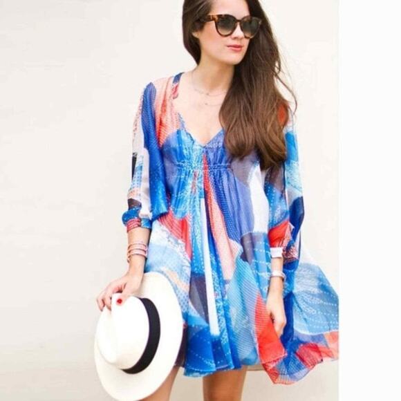 DVF Fleurette V-Neck Silk Mini Kaftan Dress Batik Land Print $485 Size 8 - Picture 3 of 8